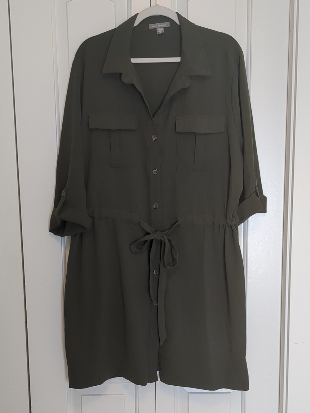 Peace & Pearls Relaxed Tie-Waist Mini Shirt Dress in Olive 1x .